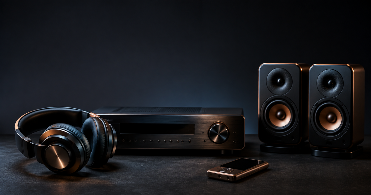 Unbranded headphones, AV receiver, compact speakers and portable music player in a dark editorial studio scene