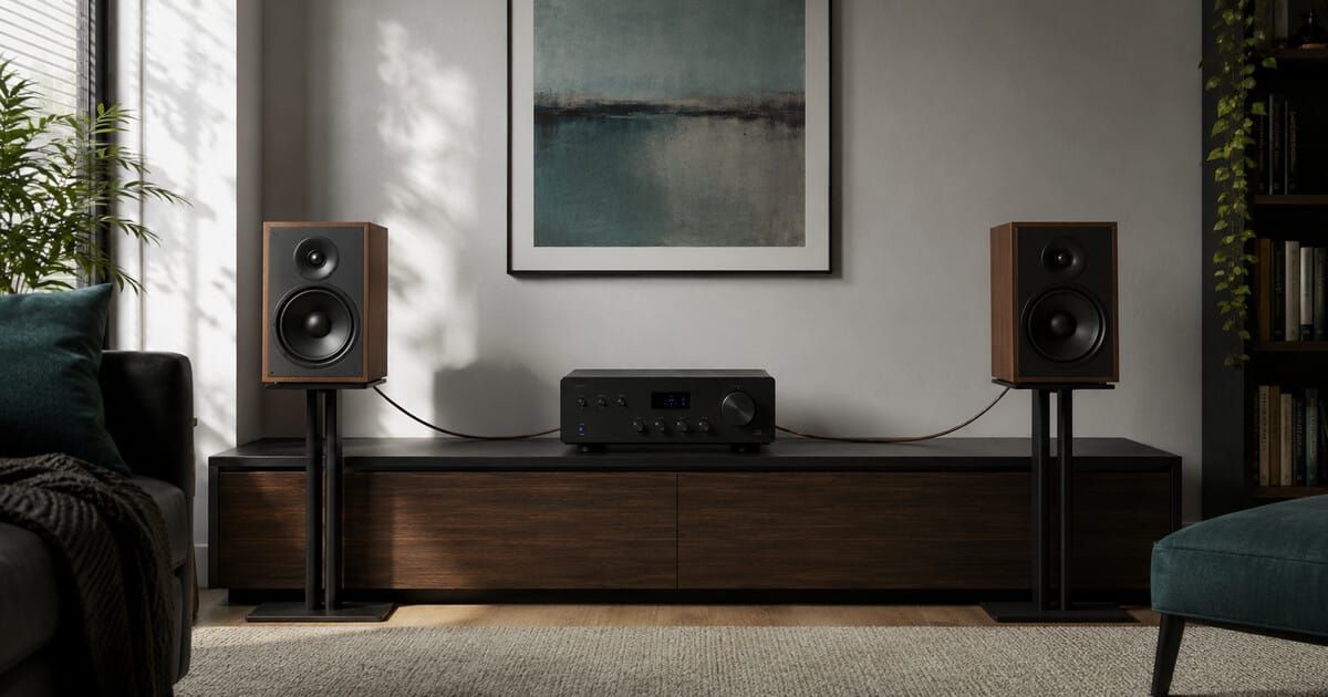 An unbranded integrated amplifier connected to two passive bookshelf speakers in a home listening room.