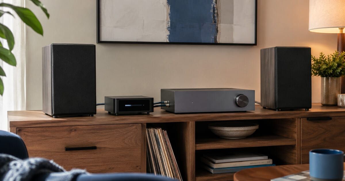 An unbranded network streamer and integrated amplifier with a prominent volume knob between two bookshelf speakers.