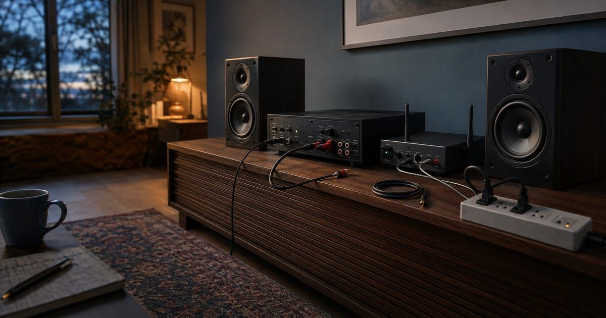 A home stereo system with two speakers, an amplifier, a streamer and separated signal and power cables during noise troubleshooting.