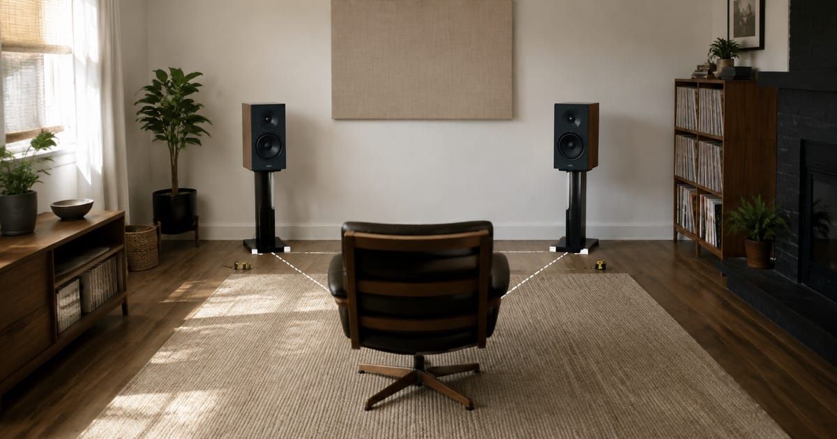 Two passive speakers and a centered listening chair arranged as a measured stereo triangle in a home listening room.