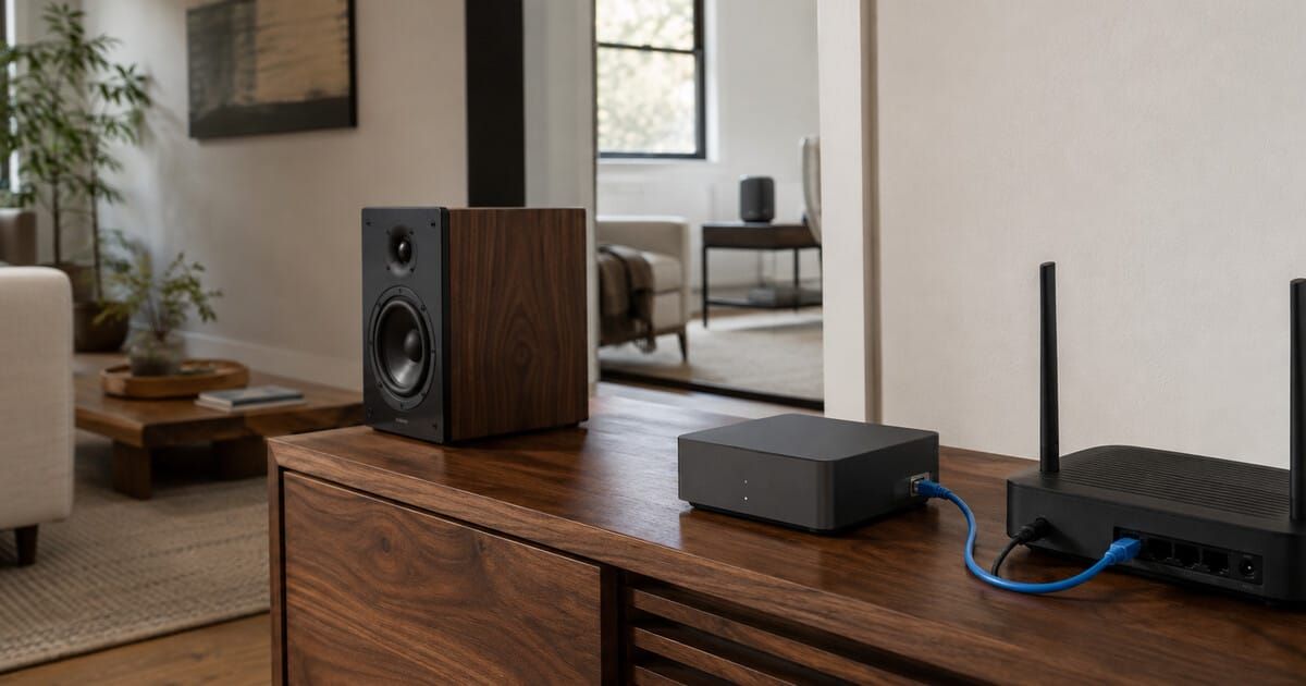 An unbranded network audio streamer connected to a home router by a blue Ethernet cable, with speakers in two rooms.
