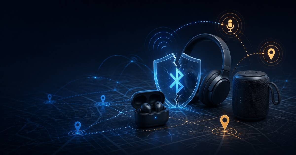 Brand-neutral headphones, earbuds and speaker beside a cracked Bluetooth security shield and location markers