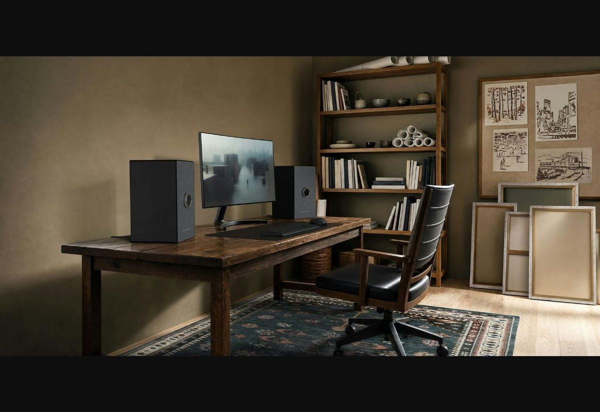 Onkyo GX-AiO all-in-one wireless music systems beside a desktop computer