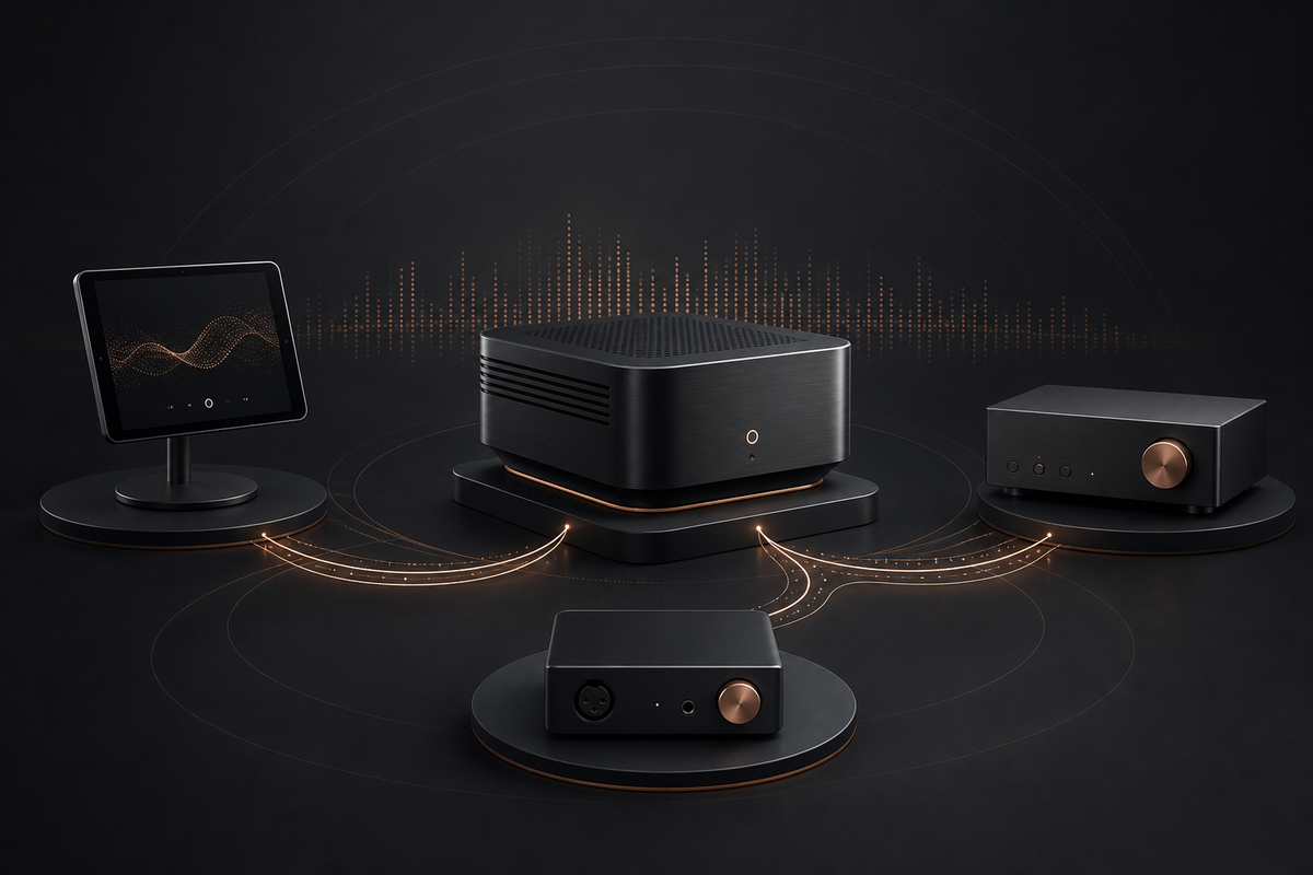 Illustration of a Roon server, control interface, network endpoint and DAC connected in one audio system