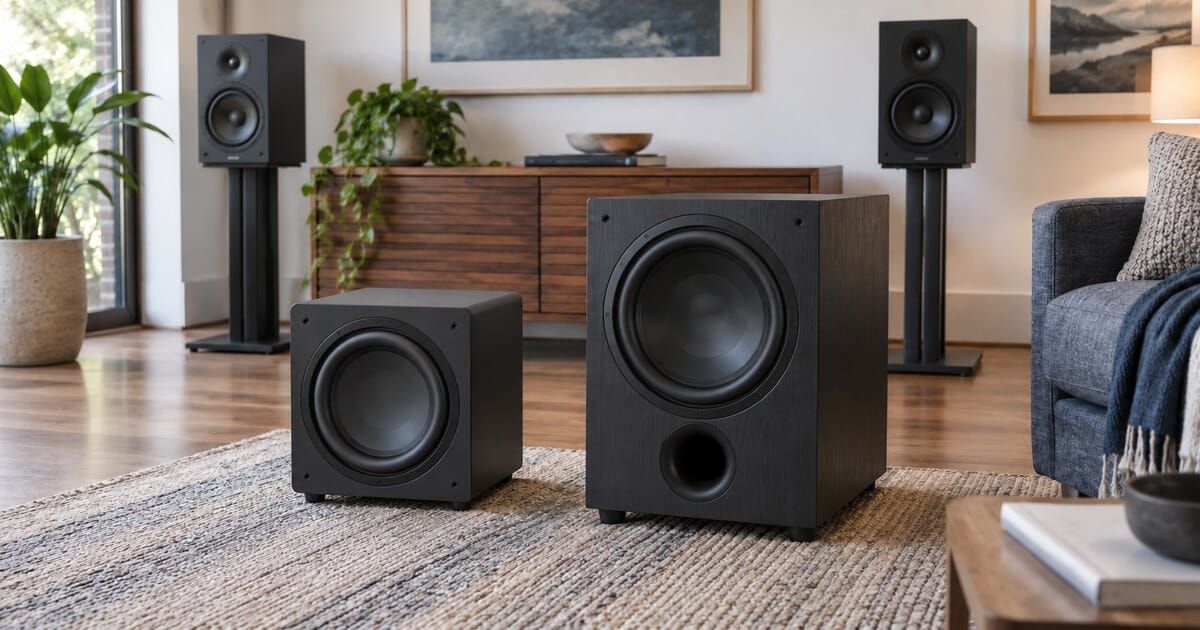 A compact sealed subwoofer and a larger ported subwoofer in an unbranded living-room stereo system.