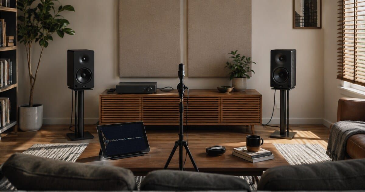 A stereo listening room with two speakers and a measurement microphone on a tripod at the main seat.