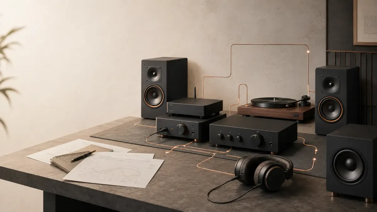 Illustration of a home audio system with speakers and components