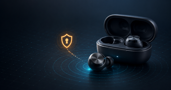 Generic wireless earbuds with a shield symbol illustrating a Bluetooth security update