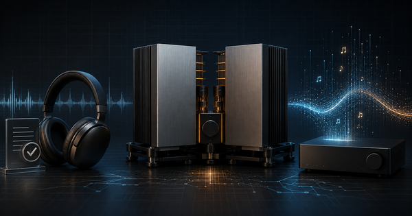 Generic wireless headphones, a split-chassis amplifier and a network streamer illustrating audio industry news