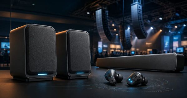 Brand-neutral desktop speakers, soundbar and wireless earbuds at a professional audio exhibition