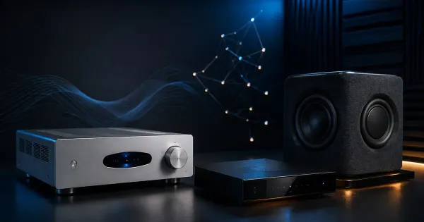Brand-neutral compact streaming amplifier, network streamer and wireless subwoofer beneath an abstract spatial-audio node field.