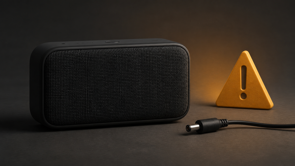 Editorial illustration of a generic portable speaker beside a disconnected power plug and a safety-warning symbol; not a photograph of a Yoyo (M) unit or an incident.