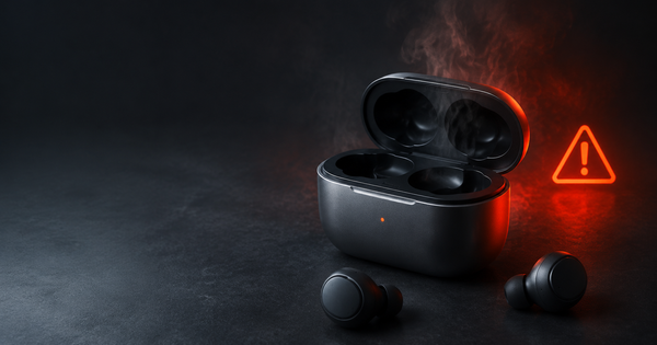 Generic true-wireless earbuds charging case with heat haze and a warning symbol, illustrating a battery fire-risk recall