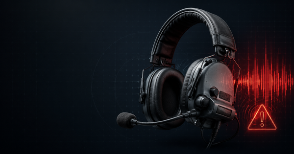 Generic communications headset with warning waveform, illustrating the 3M PELTOR ComTac VIII feedback-noise recall