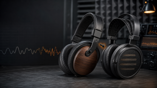 Generic headphones shown with a loose pivot screw and a distorted low-frequency waveform in an acoustic lab.