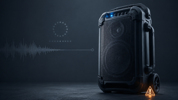 Generic portable party speaker shown silent during a firmware update, with a warning indicator.
