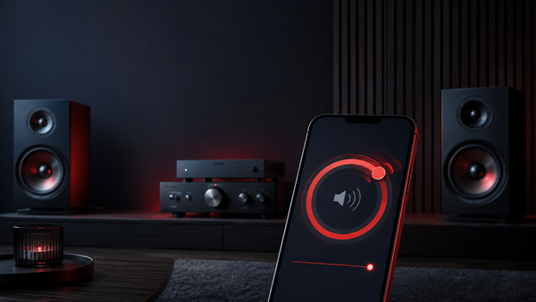 Generic hi-fi system and smartphone showing a rapidly rising red volume control.