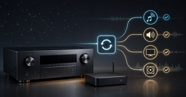 Unbranded AV receiver and network player connected to stable streaming, volume, HDMI and subwoofer update icons.