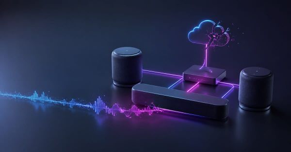 Generic multi-room speakers and soundbar connected to a cloud stream that ends at a legacy network bridge.