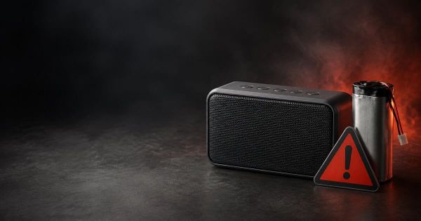 Generic portable Bluetooth speaker, lithium battery and warning symbol illustrating a battery fire recall