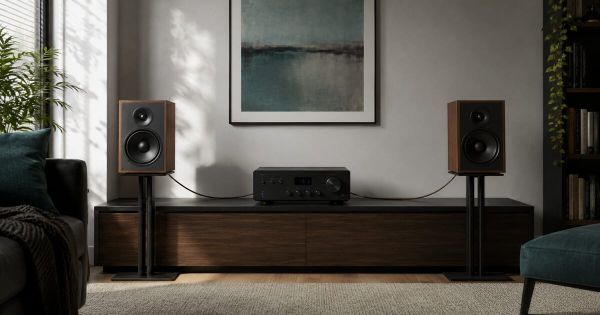 An unbranded integrated amplifier connected to two passive bookshelf speakers in a home listening room.