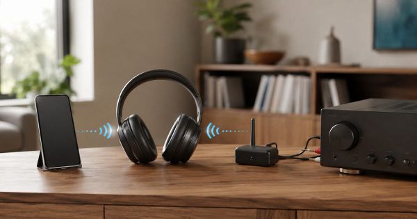 A smartphone, wireless headphones and a Bluetooth audio receiver connected to an amplifier in a home listening room.