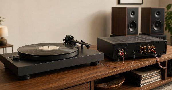 An unbranded turntable connected to a stereo amplifier with RCA cables and a separate ground wire.