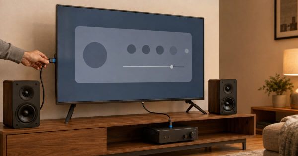 A person reconnecting an HDMI cable between an unbranded television and a stereo amplifier with two bookshelf speakers.