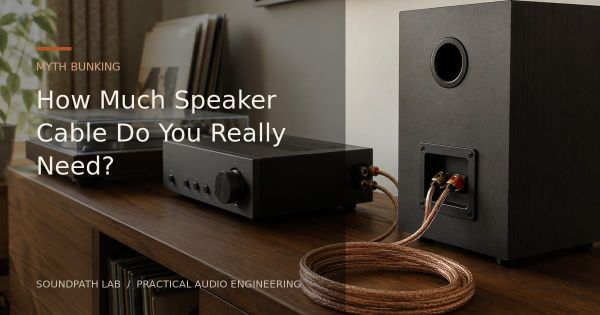 Speaker cable spool beside a home audio system, illustrating practical cable selection.