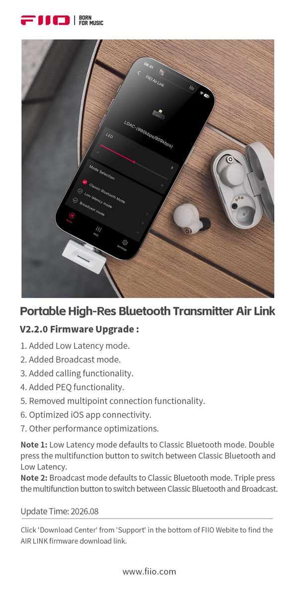 FiiO AIR LINK connected to a smartphone, with the official V2.2.0 firmware change list