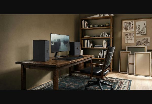Onkyo GX-AiO all-in-one wireless music systems beside a desktop computer