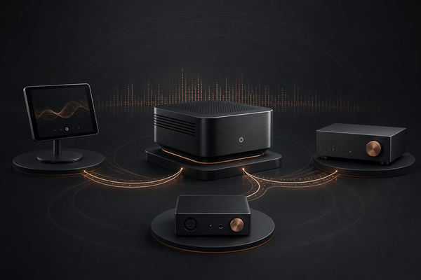 Illustration of a Roon server, control interface, network endpoint and DAC connected in one audio system