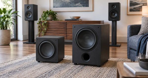 A compact sealed subwoofer and a larger ported subwoofer in an unbranded living-room stereo system.