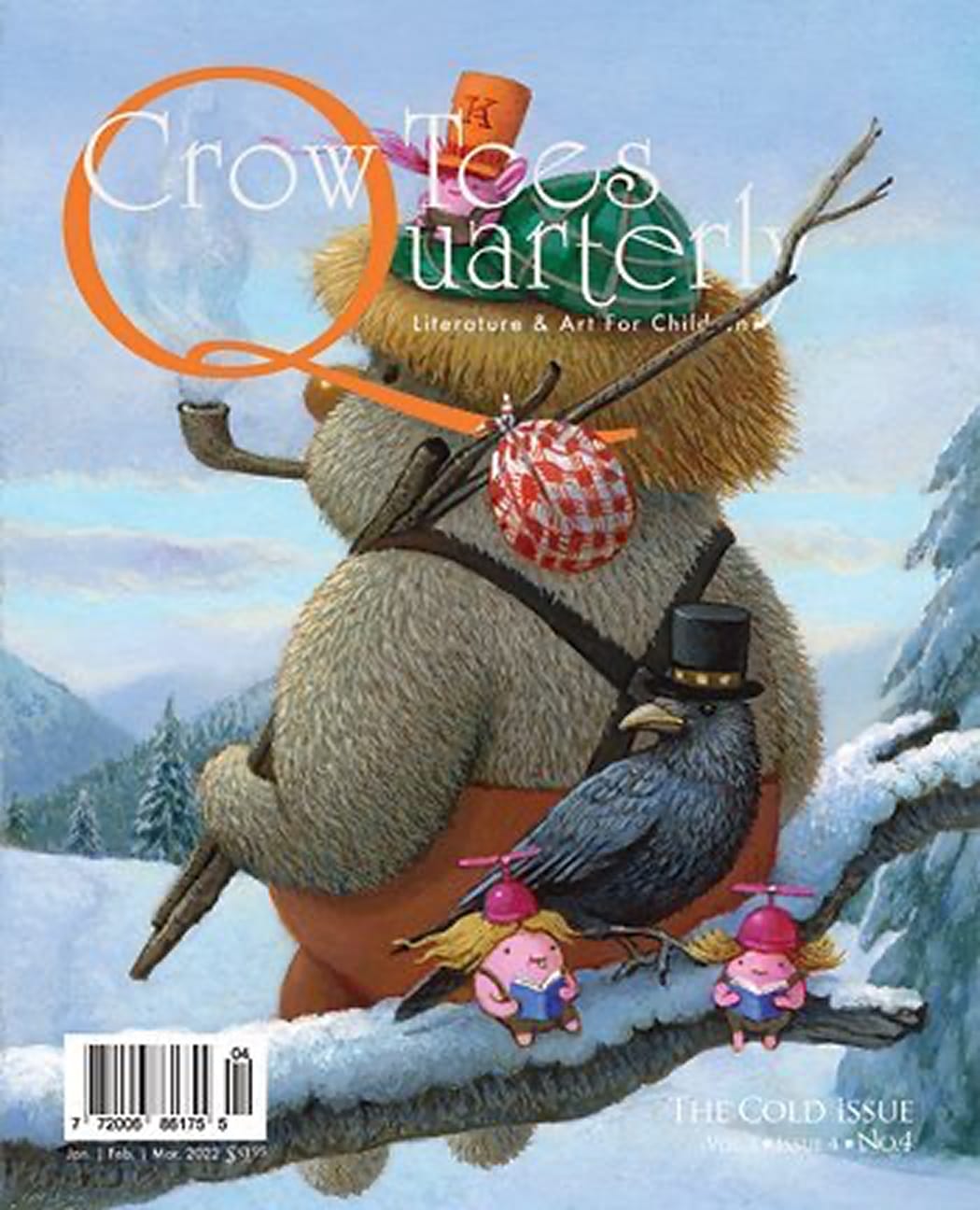 A furry monster smokes a pipe and sits on a branch with a crow in a top hat and two round fairies reading books.