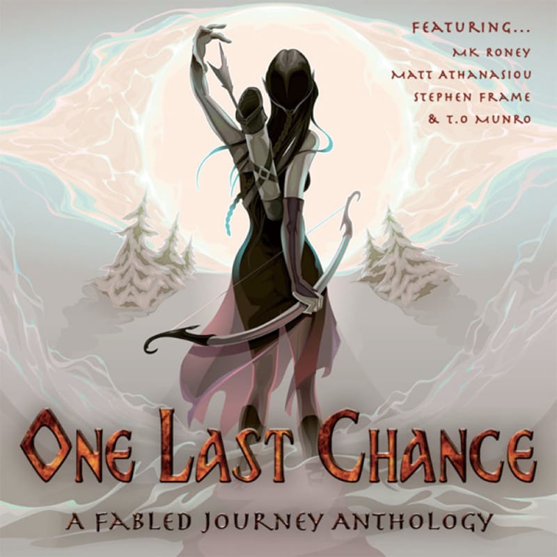 A woman reaches for the last arrow in her quiver and faces a giant cloudy eye in a forest.