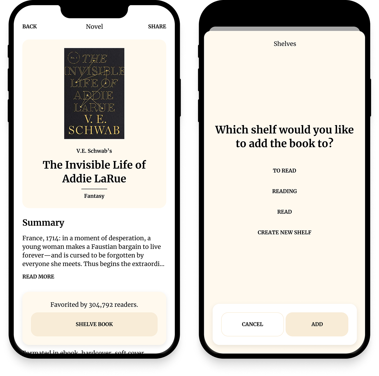 Mock of a book review app that shows a simple summary and a way to shelve a book.