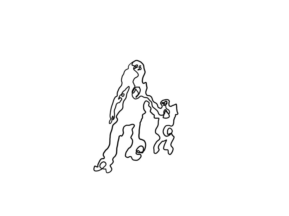 A squiggly line drawing of a tall being leading another by the hand.