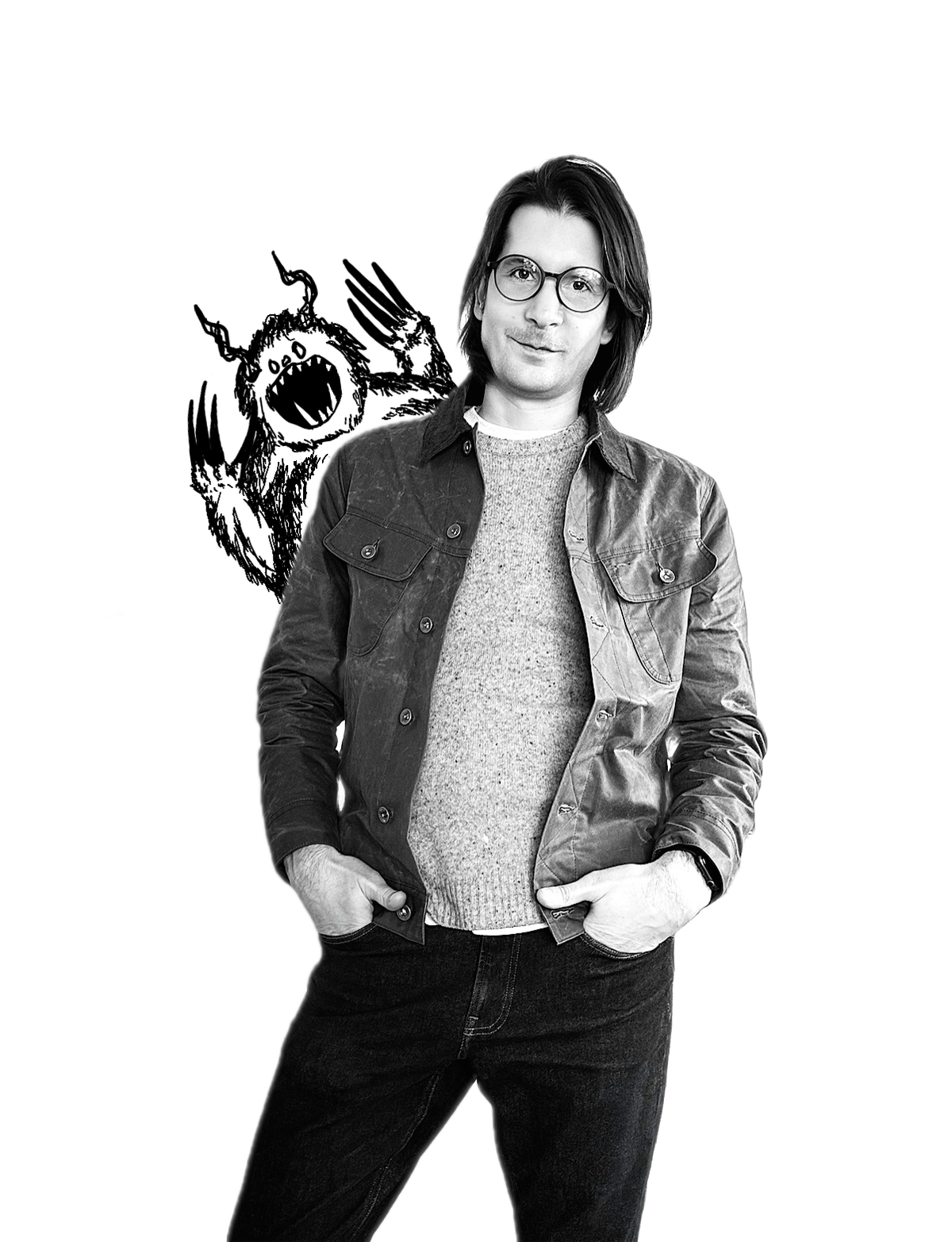 Matt looking at the camera with a surprised monster doodle screaming over his shoulder.
