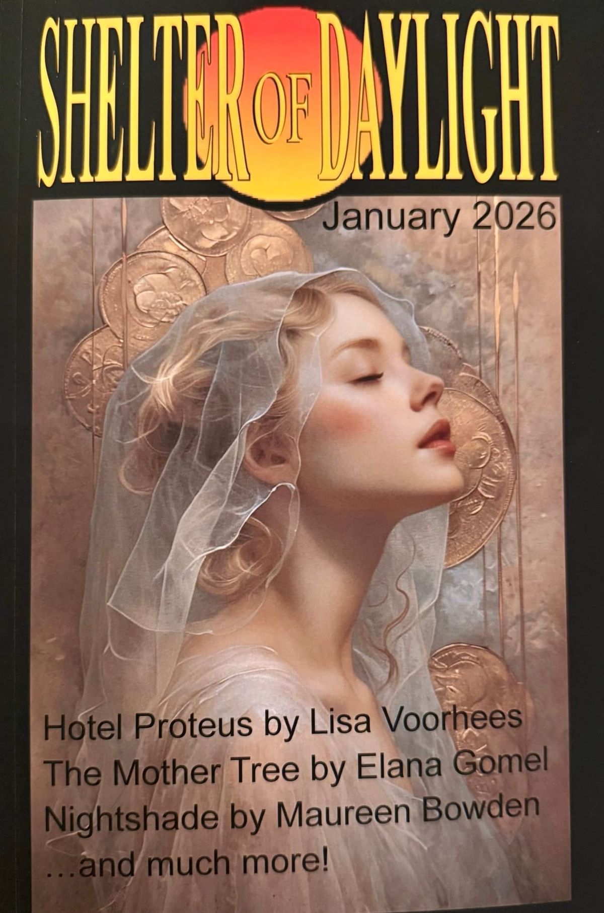 Shelter of Daylight cover for January 2026. A woman in white with a white veil pulled back looks up with her eyes closed.