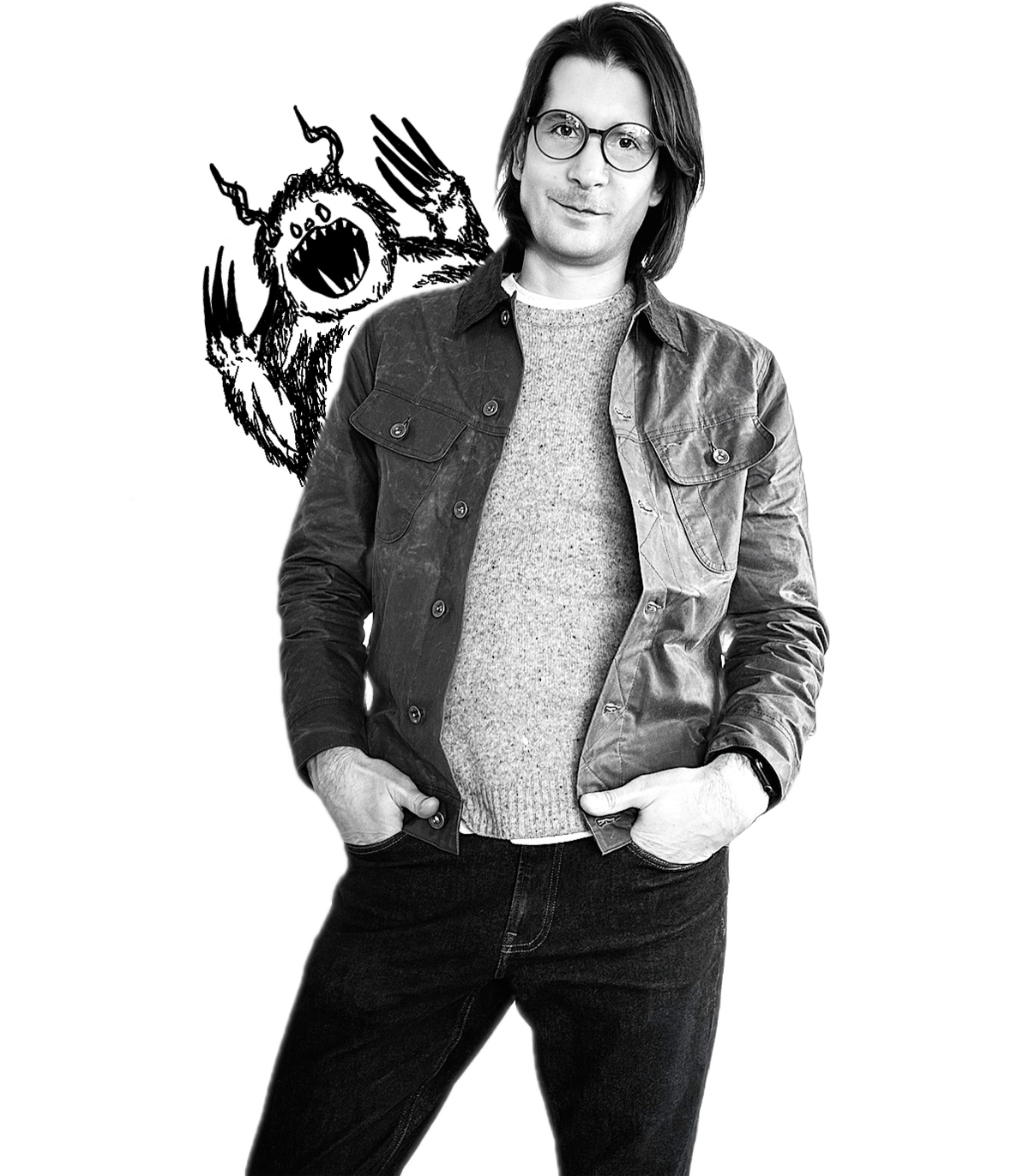 Matt looking at the camera with his hands in his pockets. A monster doodle sits over his shoulder with its claws raised and toothy mouth wide.