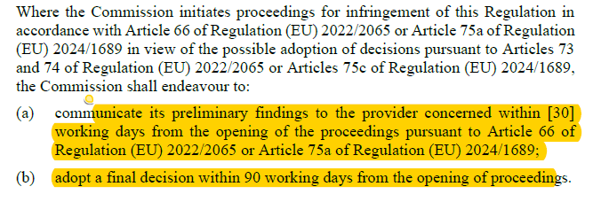 Where the Commission initiates proceedings for infringement of this Regulation in accordance with Article 66 of Regulation (EU) 2022/2065 or Article 75a of Regulation (EU) 2024/1689 in view of the possible adoption of decisions pursuant to Articles 73 and 74 of Regulation (EU) 2022/2065 or Articles 75c of Regulation (EU) 2024/1689, the Commission shall endeavour to: (a) communicate its preliminary findings to the provider concerned within [30] working days from the opening of the proceedings pursuant to Article 66 of Regulation (EU) 2022/2065 or Article 75a of Regulation (EU) 2024/1689; (b) adopt a final decision within 90 working days from the opening of proceedings.