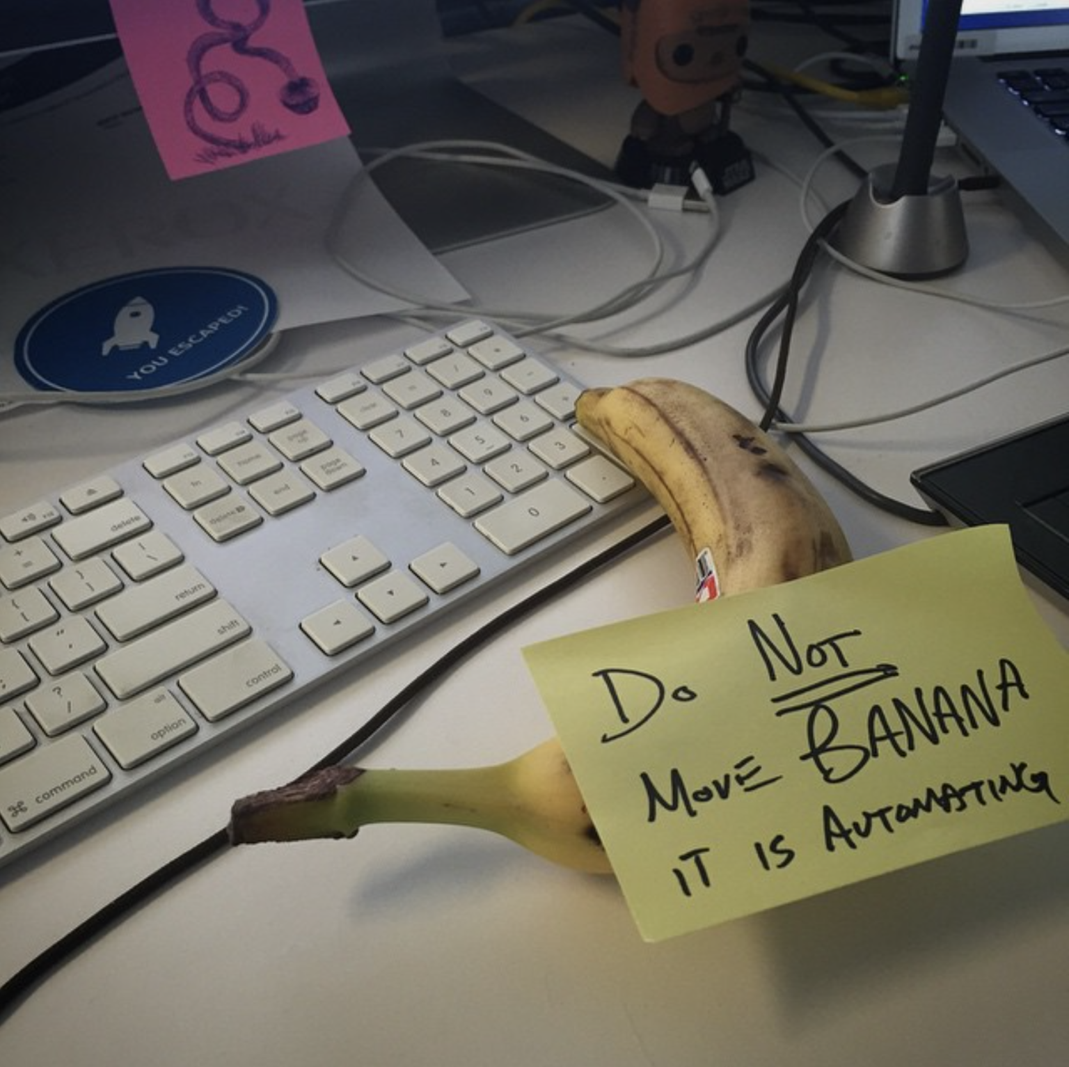 An image of a banana sitting on a keyboard enter button. It has a sticky note attached that says "Do NOT move Banana, it is automating."