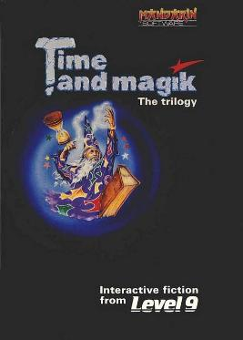 A box labeled Time and Magik: The Trilogy with a rather generic image of a wizard with a cup and a spellbook.
