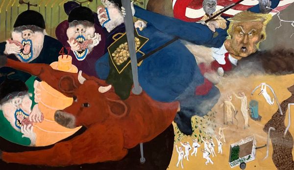 The painting depicts grotesque men with pig snDonald Trump dances from a stripper poll, throwing money down to white, hooded figures who are sucking on cucumbers as they run for the money.