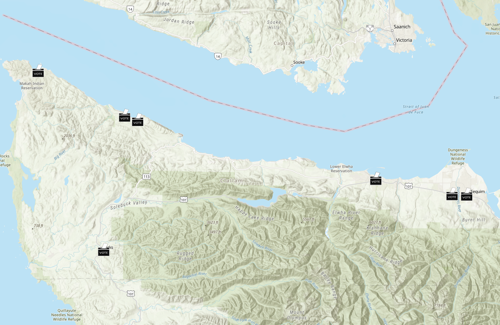 Map showing Clallam County and location of ballot boxes