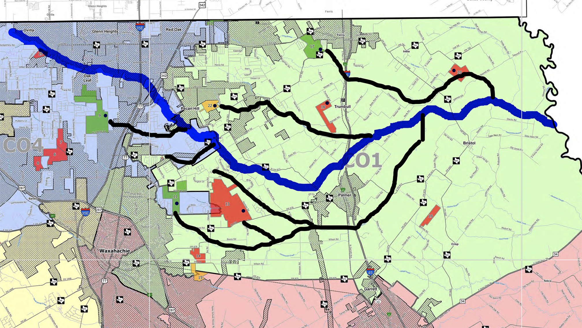 A screenshot showing the proposed discharge routes from proposed wastewater treatment plants in rural Ellis County.