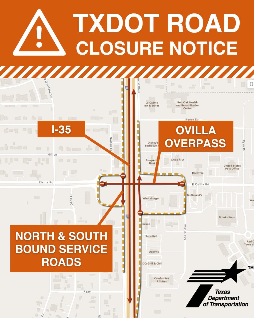 Texas Department of Transportation graphic of the upcoming road closure.