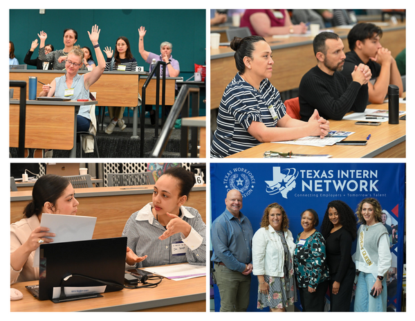Photo collage of people interacting in three classroom settings with one group standing in front of Texas Intern network signage.
