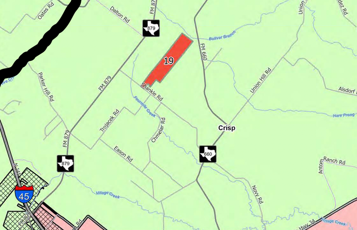 A screenshot of where the proposed Shankle Road municipal utility district would be located in Ellis County. 
